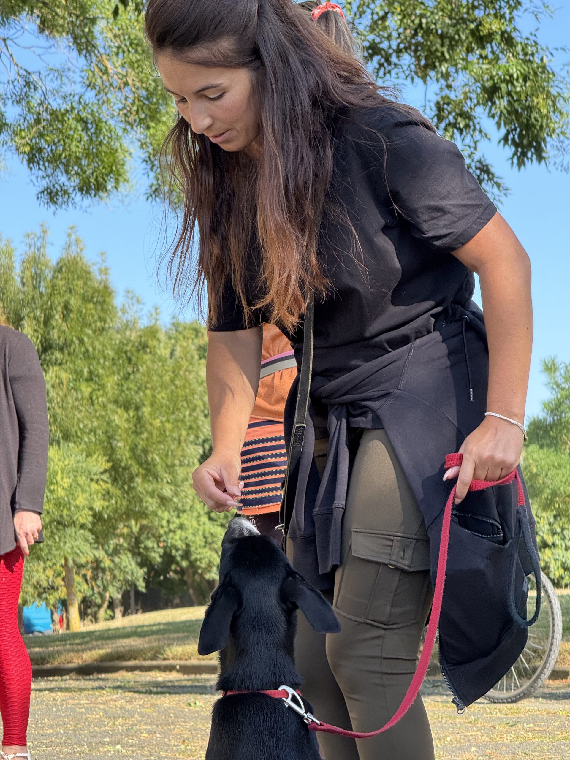 Julie Pacteau lors d'une séance d'éducation canine avec un chien en laisse